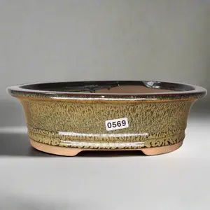 21cm Glazed Bonsai Pot - Oval - 21cm x 17cm x 6cm - Green