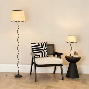 ValueLights Wiggle Black Metal Single Stem Floor Lamp with Linen Scallop Black Trim Tapered Shade and LED Bulb