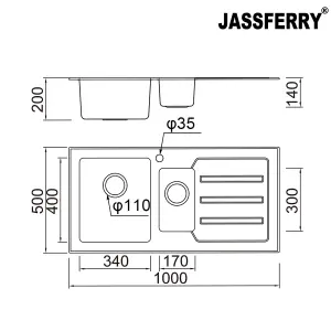 JASSFERRY Black Glass Top Kitchen Sink Stainless Steel 1.5 Deep Bowl Right Hand Drainer with Draining Groove