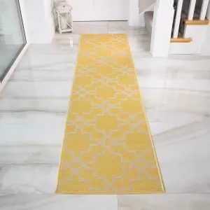 Yellow Grey Geometric Trellis Flatweave Indoor Outdoor Runner Rug 60x240cm