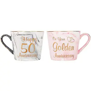 Beautiful 50th Anniversary Grey and Pink Marble Ceramic Mugs with Golden Trim