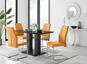 Furniturebox Imperia 4 Modern Black High Gloss Dining Table And 4 Mustard Lorenzo Chrome Dining Chairs Set