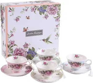 Coffee Tea cup and Saucer set 4 Shabby Chic Vintage porcelain Bird Butterfly Flora Gift Box (1 set of 4)