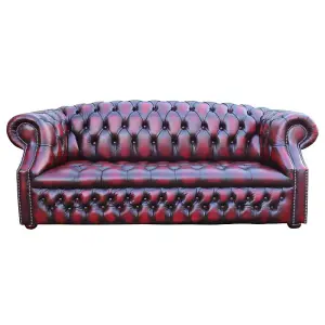 Chesterfield 3 Seater Buttoned Seat Sofa Antique Oxblood Leather In Buckingham Style