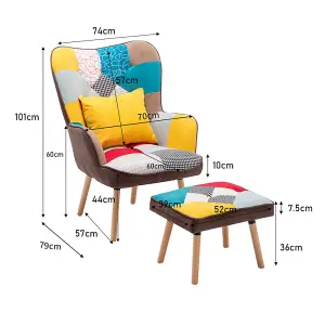 Colorful Wing Back Armchair and Footstool Set,Patchwork Linen Upholstered Accent Chair Sofa Chair with Ottoman and Pillow