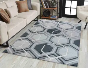 Valencia Modern Hexagon Design Carved Area Rugs Black 160x230 cm