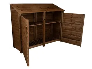 Wooden log store with door and kindling shelf W-227cm, H-180cm, D-88cm - brown finish