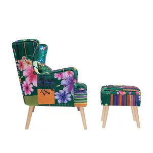 Fabric Green Patchwork Abigail Accent Wingback Chair with Footstool