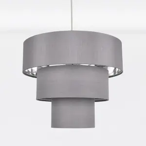 First Choice Lighting Set of 2 Easy Fit Staggered 3 Tier Grey Faux Silk Slub Fabric Shade with Chrome Board Inner