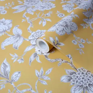 GoodHome Davenham Yellow Metallic effect Floral Smooth Wallpaper