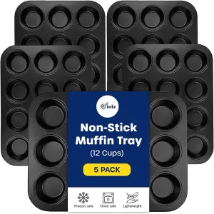 Non-Stick 12-Cup Muffin Trays 5-Pack Multipurpose Baking Tins for Cupcakes, Yorkshire Pudding, & Desserts, Oven & Freezer Safe