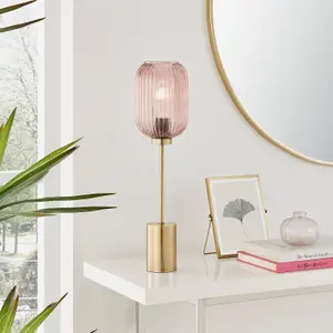 Furniturebox UK Coral Table Lamp With Pink Glass Shade and with a Brass Base