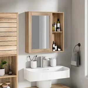 VonHaus Bathroom Mirror Cabinet, Oak Wood Effect Cabinet with Mirror with Adjustable Internal Shelf & Handleless Design, Chester