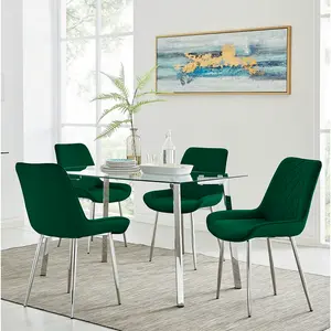 Cosmic Luxury Glass and Chrome Dining Table Set with 4 Luxury Velvet Dining Chairs Green/Silver