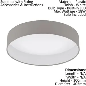 Flush Ceiling Light Colour White Shade Taupe Fabric Bulb LED 18W Included