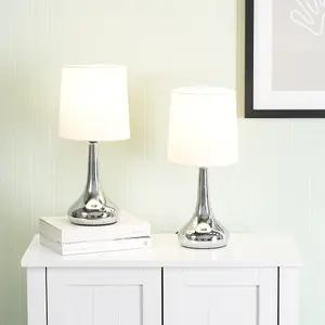 Pair - Silver Chrome Teardrop Touch Dimmer Table Lamps with Cream Shade for Bedside Table Bedroom Light