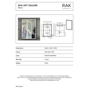 RAK Art Square 500x700mm Matt Black Square with Touch Sensor Illuminated Mirror IP44