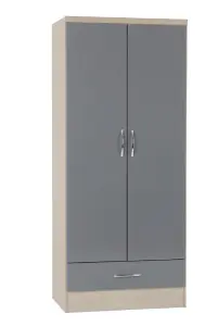 Nevada 2 Door 1 Drawer Wardrobe in Grey  Light Oak Effect Veneer