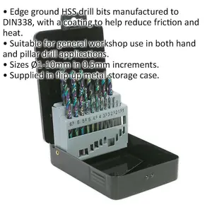 19 Piece HSS Drill Bit Set - Precision Edge Ground 1mm to 10mm for Hand and Pillar Drills