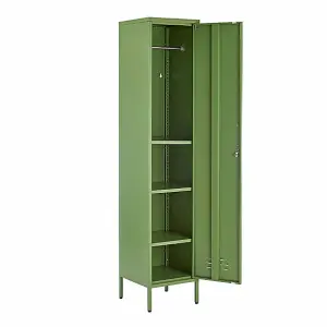 Green Metal Locker Tall 3 Shelf Cabinet, 1 Door Modern Industrial Rustic Wardrobe Storage Cupboard for Living Room or Office