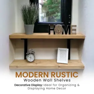 Double Rustic Wooden Shelves Wall-Mounted Shelf with Seated Double Black L Brackets, Made from Solid Timber(Rustic Pine, 90cm)