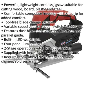 20 V Cordless Lightweight Jigsaw - Tool-free Blade Change System - Body Only