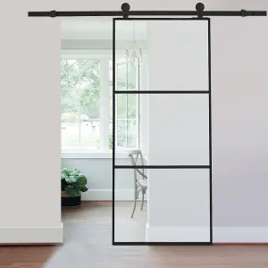 3 Lites Clear Glass Black Sliding Barn Door Panel with 6ft Hardware Kit Roller Track System