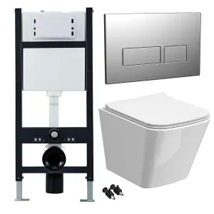 Bubly Bathrooms™ White Rimless Square Wall Hung Toilet Pan, Seat & 1.13m Concealed Cistern Frame - Chrome