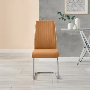 Furniturebox UK Lorenzo 2x Tan Faux Leather Silver Leg Dining Chair