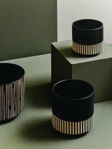 Interiors by Premier Small Ceramic Planter, Modern Black and Gold Planter for Indoor Plants, Drum-shaped Ceramic Planter for Home