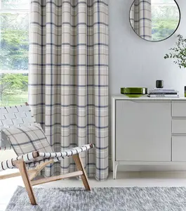 Home Curtains Hudson Woven Check Fully Lined 90w x 90d" (229x229cm) Blue Eyelet Curtains (PAIR)