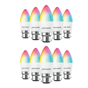 paul russells LED Candle Smart Light Bulb, 4.8W, Dimmable, 40W Equivalent, WiFi, RGB+2700K-6500K BC B22 Bayonet Cap, Pack of 10