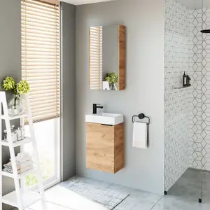 Bathroom Cabinets Set 400mm Vanity Unit Basin Wall Mirror Oak Effect Small Avir