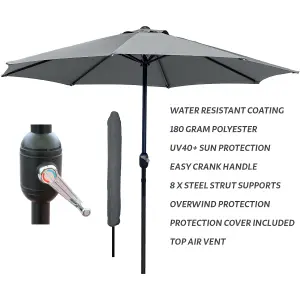 GlamHaus Garden Parasol Table Umbrella 2.7M Crank Handle, UV40 Protection, Includes Protection Cover, Robust Steel - Dark Grey