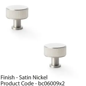 2 PACK - Round Reeded Door Knob - 35mm Diameter Satin Nickel Lined Cupboard Pull Handle