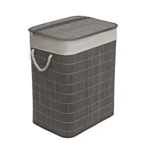 MantraRaj Bamboo Laundry Bin with Handles 65L Square Hamper Basket with Removable Liner (Grey)