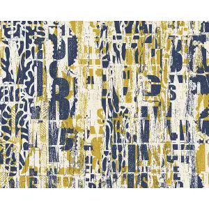 Origin Murals Letterpress Graffiti - Navy and Yellow Matt Smooth Paste the Wall Mural 350cm wide x 280cm high