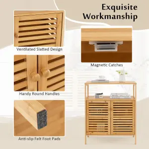 Costway Bamboo Side Storage Organizer Bathroom Floor Cabinet w/ Double Doors