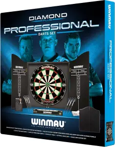 Winmau Professional Dart Set includes Diamond Plus Dartboard, Black Cabinet, 2 Sets of Darts, Official Oche Line