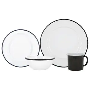 Argon Tableware - White Enamel Dinner Set - 25.5cm - 16pc - Black/White