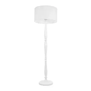 ValueLights Victoria Traditional White Wood Candlestick Floor Lamp with White Drum Shade - LED Bulb Included