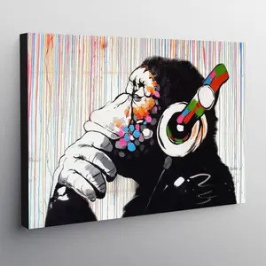 DJ Monkey Gorilla Chimp Rainbow Rain - Wrapped Canvas Art Prints 30.5cm H x 41cm W x 4cm D