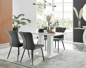 Furniturebox UK 4 Seater Dining Set - Imperia White High Gloss Dining Table and Chairs - 4 Dark Grey Nora Black Leg Chairs