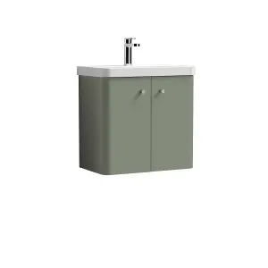 Wall Hung 2 Door Vanity Unit with Ceramic Sink - 600mm - Satin Green