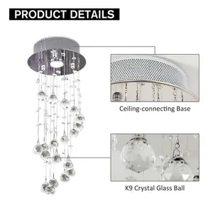 HOMCOM Metal Crystal Ceiling Light Chandelier Elegant Pendant Lamp Stairway Stairway Spiral Rain Drop Pendant Lamp Silver