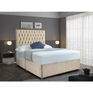 Jemma Divan Bed Set with Headboard and Mattress - Chenille Fabric, Cream Color, Non Storage