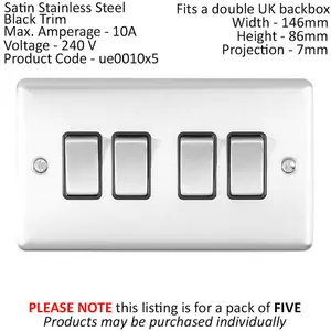 5 PACK 4 Gang Quad Metal Light Switch SATIN STEEL 2 Way 10A Black Trim