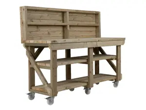 Indoor/outdoor workbench pressure treated station (H-90cm, D-64cm, L-180cm) with back panel, double shelf and wheels