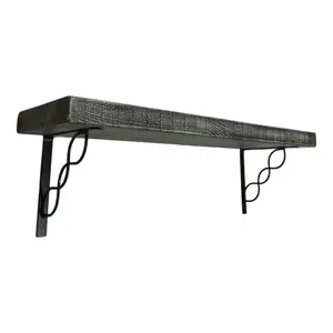 Solid Wood Handmade Rustical Shelf Monochrome 225mm 9 inch with Black Metal Bracket WPRP Length of 240cm