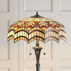 1.5m Tiffany Twin Floor Lamp Dark Bronze & Opulent Stained Glass Shade i00028